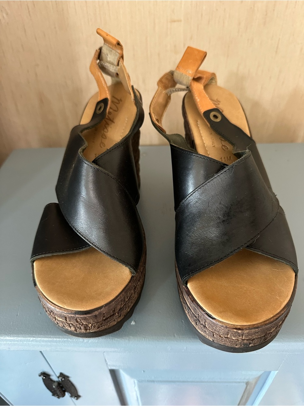 Matisse Black and Tan Cross-Strap Cork Wedge Sandals